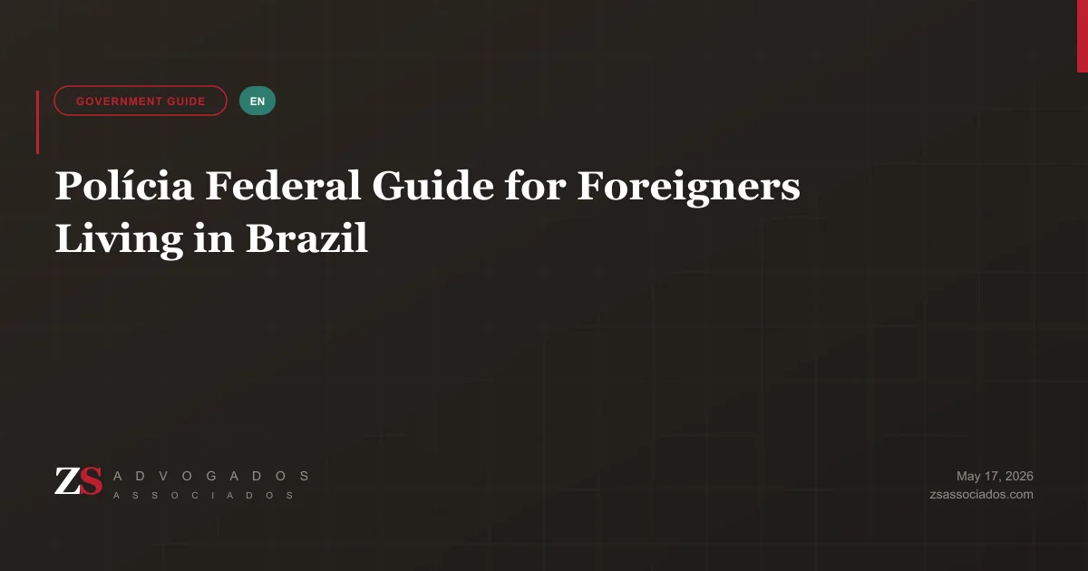 Illustration of Brazil's Polícia Federal immigration office and documents for foreign residents