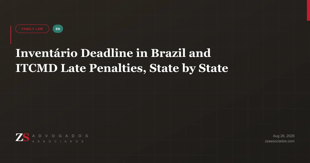 Calendar and Brazilian state map illustrating the inventário opening deadline and ITCMD late penalties — ZS Advogados probate for heirs abroad